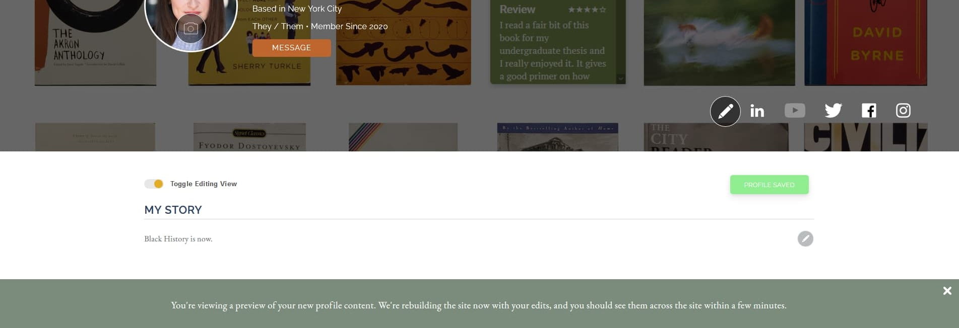 Screenshot of the banner that appears at the bottom of a profile page after editing it, which reads "Your'e viewing a preview of your new profile content. We're rebuilding the site now with your edits, and you should see them across the site within a few minutes." Not my favorite bit of UX I've created.