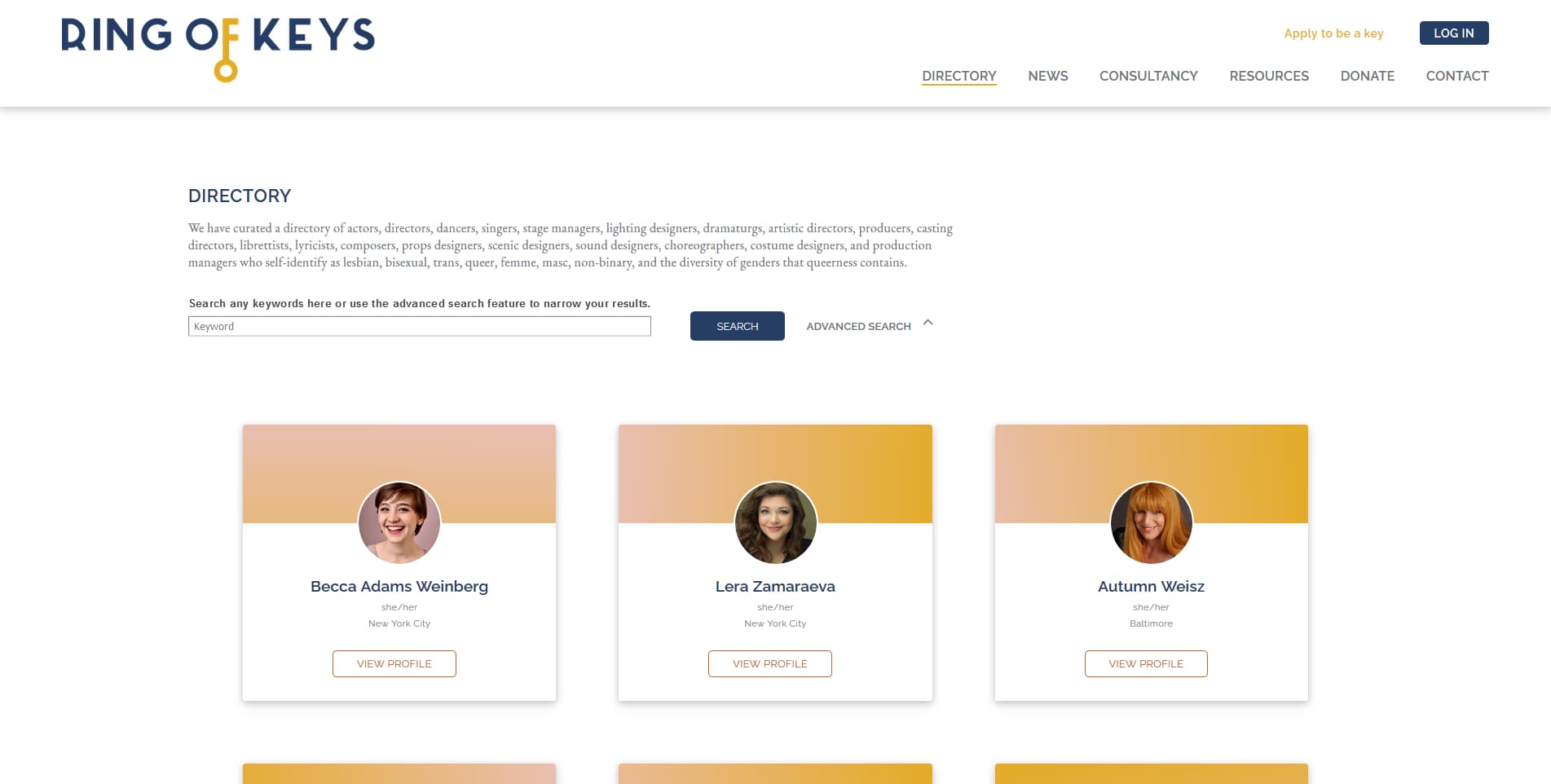 Screenshot of the directory page of RingOfKeys.com. Hey casting directors, they're right here.