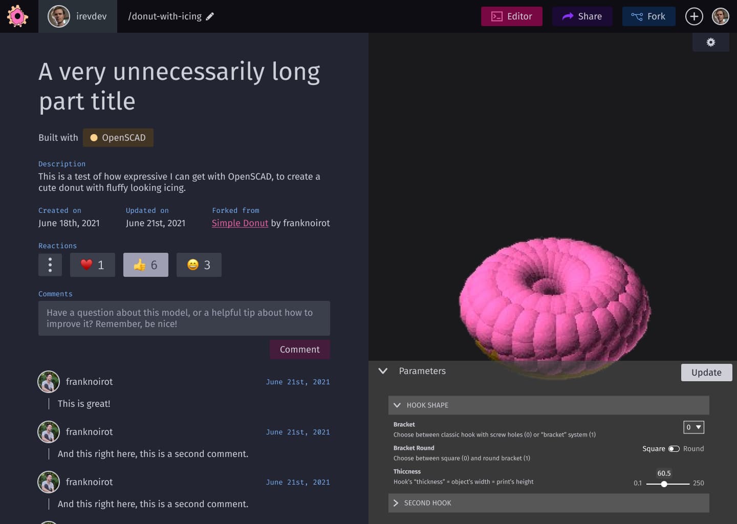 A screenshot of my design for the customizer tray, which allows users to make certain parameters within their models available for others to tweak without editing any code.