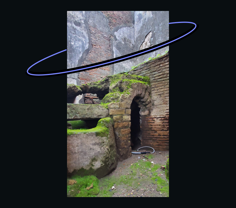 graphic of a halo around an image of ruins at Pompeii