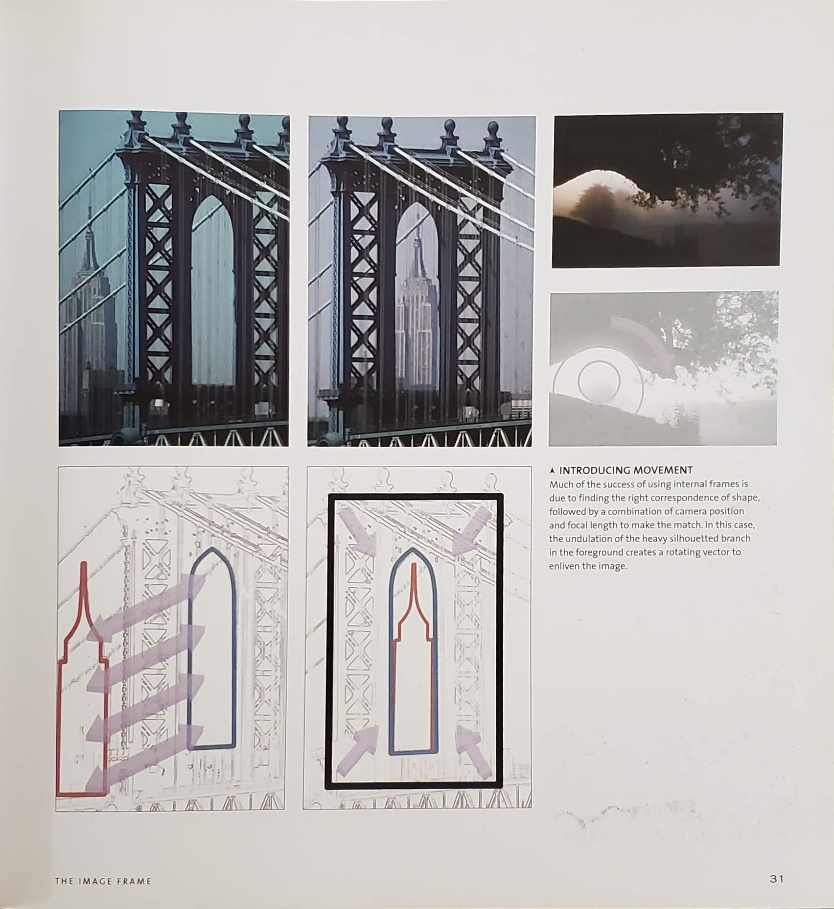 An example of the excellent illustrations throughout this book from page 31, describing the impact of "frames within frames", showing the effect side-by-side with an image of the Empire State Building framed beside an archway along the Brooklyn Bridge next to one where it seems to sit within the arch, alongside simplified color diagrams of each.